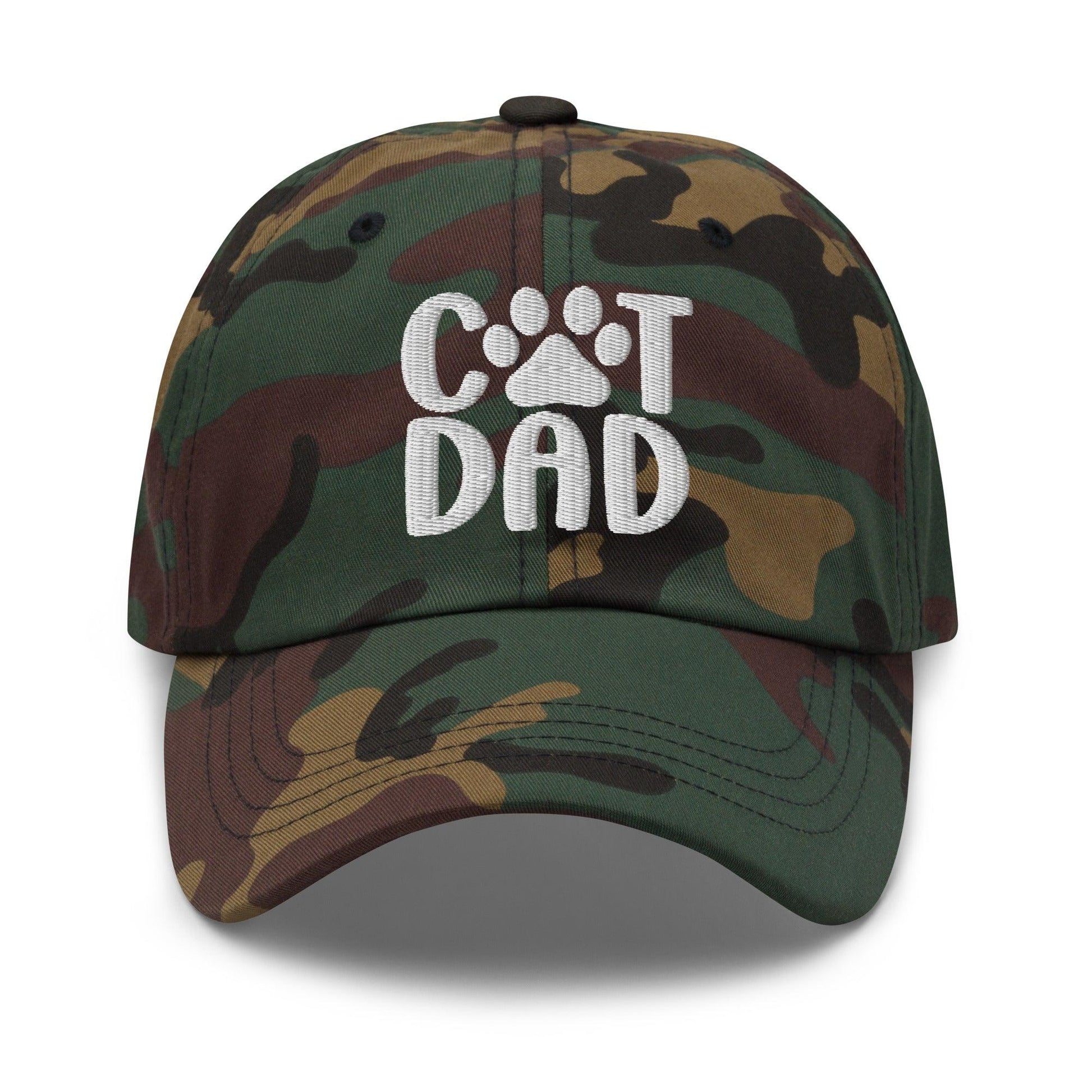 Camo Cat Dad embroidered baseball cap featuring dad embroidered hat design