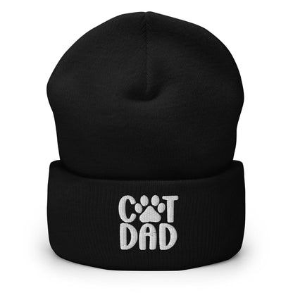 Black knit cuffed beanie featuring cat dad embroidered design perfect for dad embroidered knit accessories