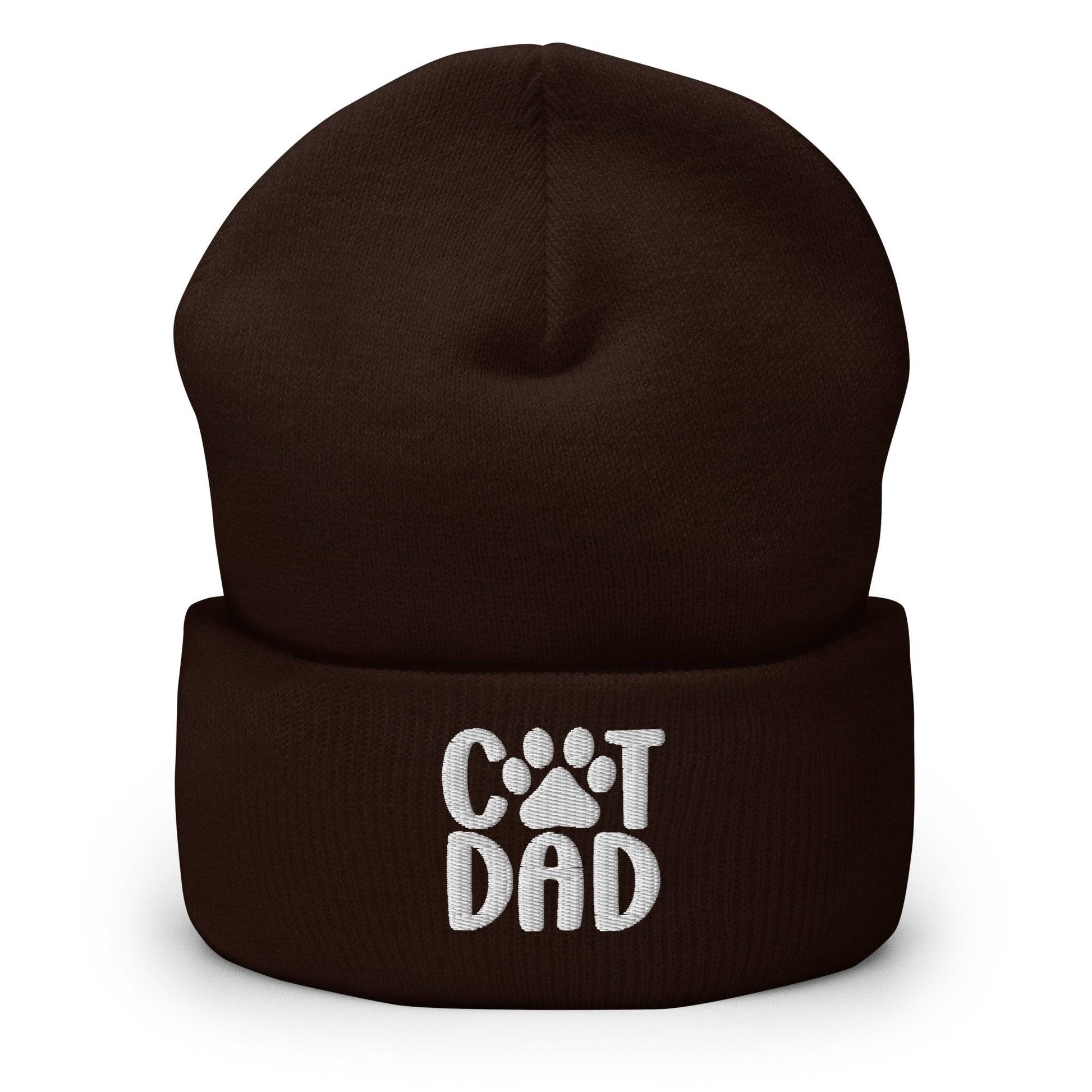 Brown knit beanie with Cat Dad embroidered and cuffed design for stylish warmth