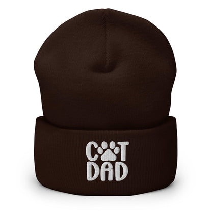 Brown knit beanie with Cat Dad embroidered and cuffed design for stylish warmth