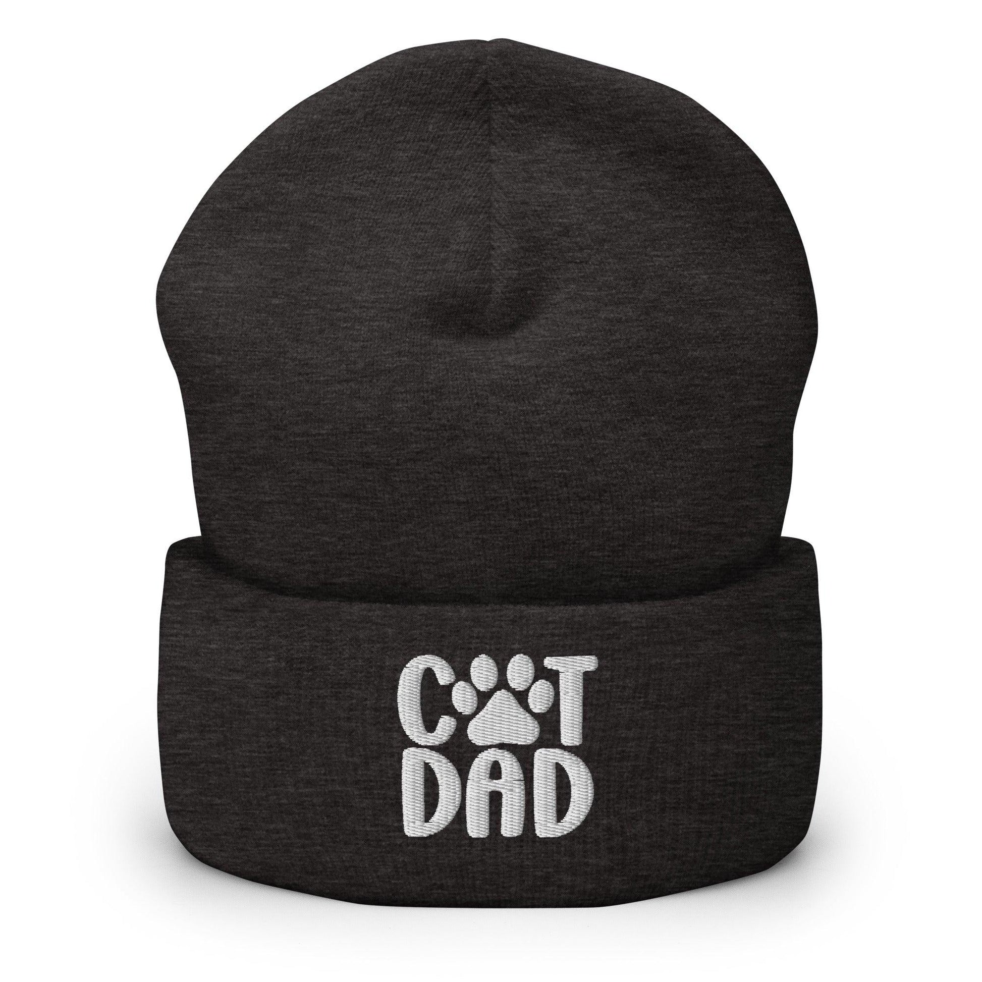 Dark gray cat dad embroidered knit cuffed beanie with stylish embroidery design