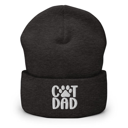 Dark gray cat dad embroidered knit cuffed beanie with stylish embroidery design