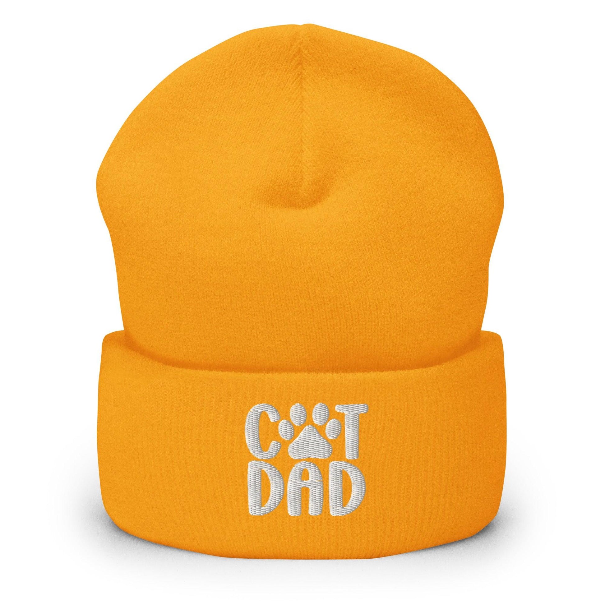 Orange cuffed beanie with cat dad embroidered and dad embroidered knit design