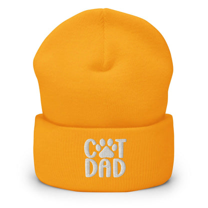Orange cuffed beanie with cat dad embroidered and dad embroidered knit design