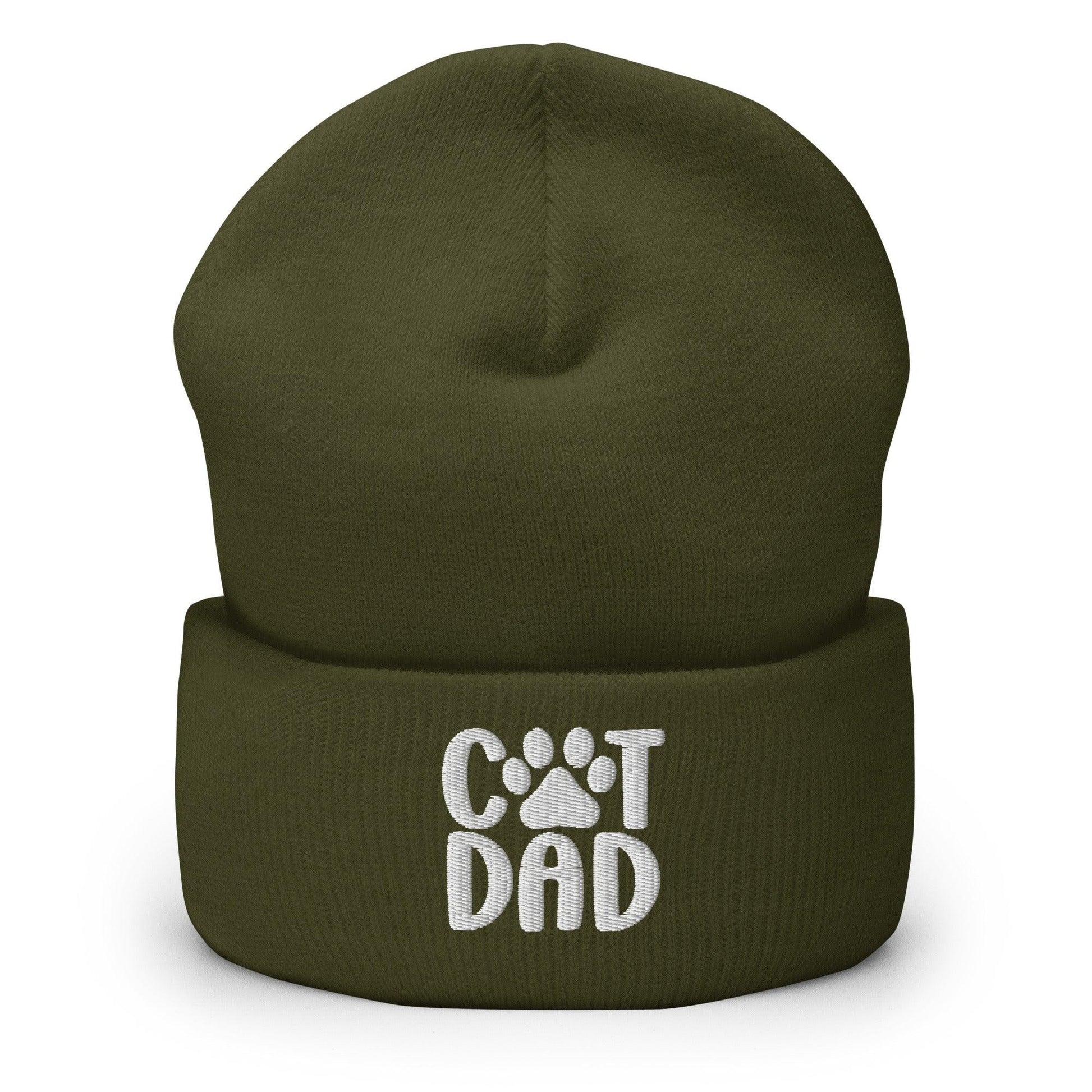 Olive green Cat Dad embroidered cuffed knit beanie for cat lovers