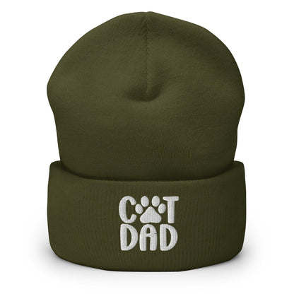 Olive green Cat Dad embroidered cuffed knit beanie for cat lovers