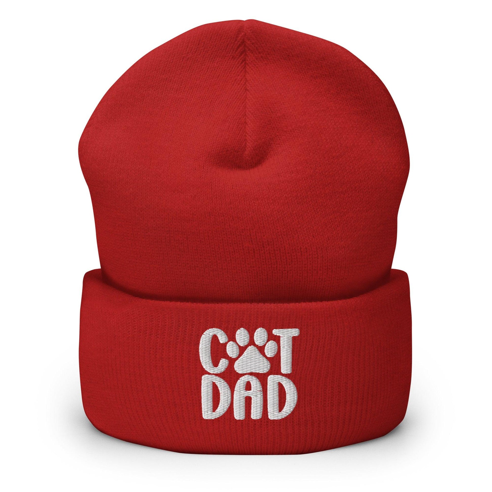 Red Cat Dad embroidered knit cuffed beanie for cat lovers and proud dads