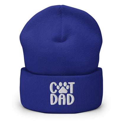 Blue cuffed beanie with cat dad embroidered knit design for stylish cat dad accessories