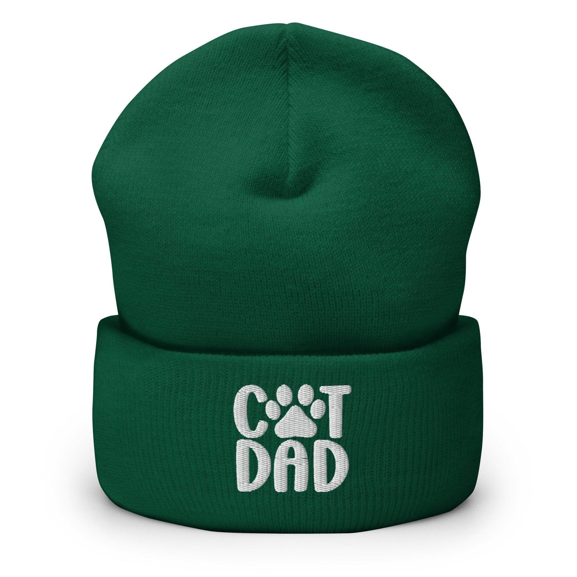 Green cuffed beanie with cat dad embroidered and dad embroidered knit design