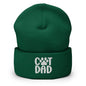 Green cuffed beanie with cat dad embroidered and dad embroidered knit design