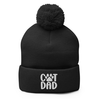 Black knit beanie with pompom featuring Cat Dad embroidered design
