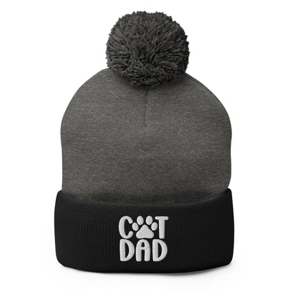 Gray and black Cat Dad embroidered knit pom pom beanie with stylish beanie pom pom detail