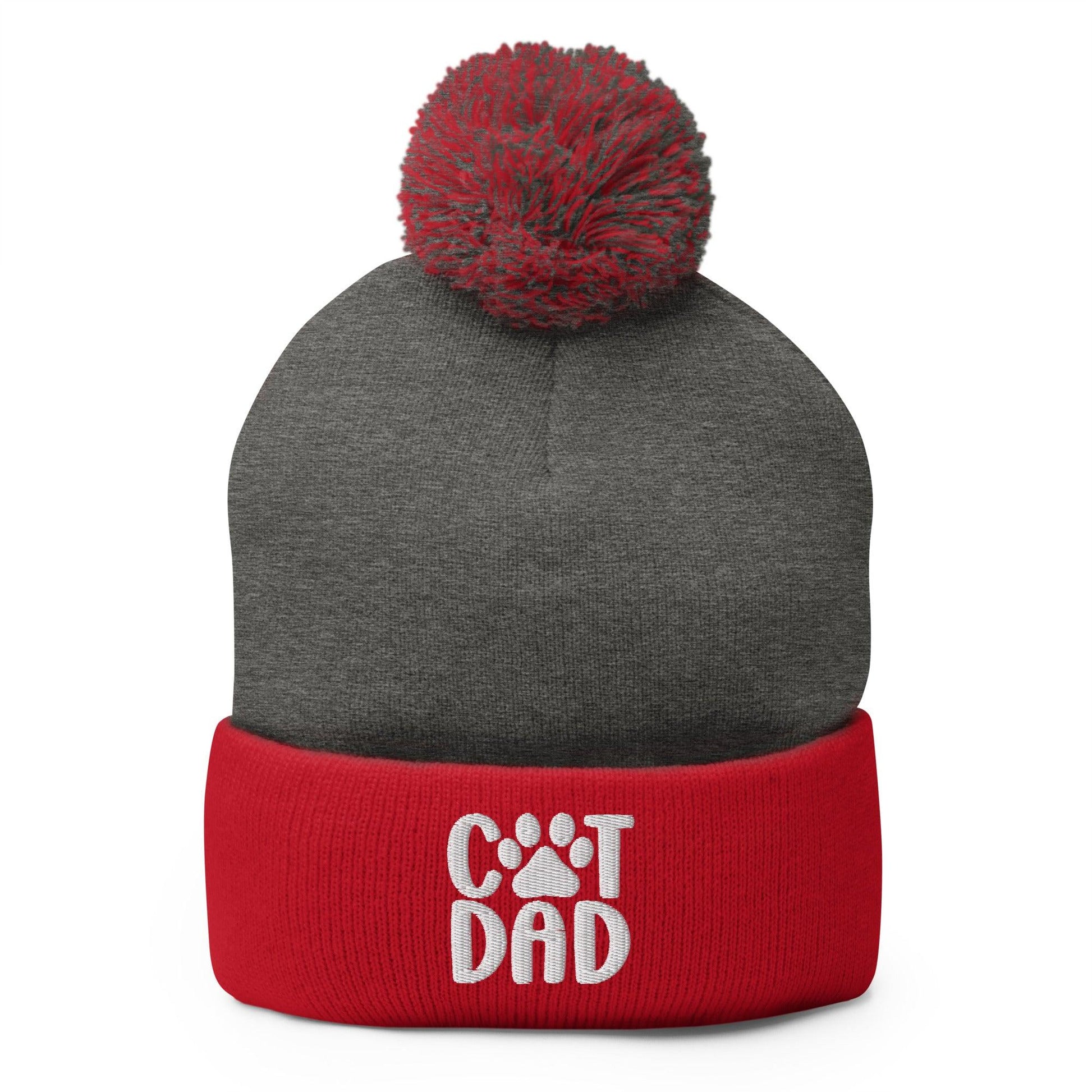 Gray and red Cat Dad embroidered knit pom pom beanie with a stylish beanie pom pom gift