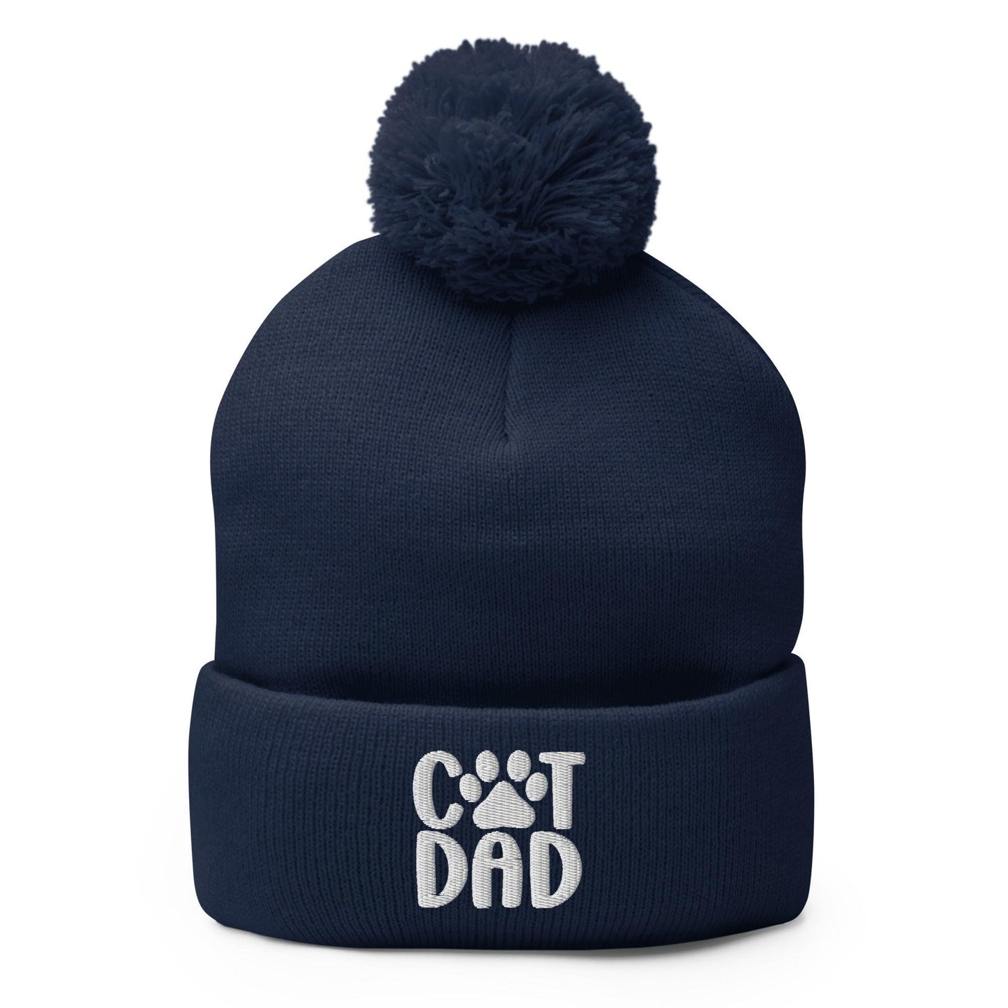 Navy blue Cat Dad embroidered knit pom pom beanie with stylish beanie pom pom detail