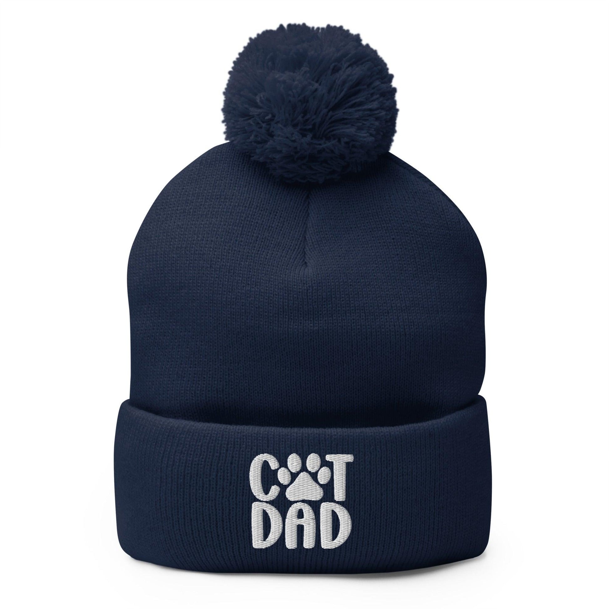 Navy blue Cat Dad embroidered knit pom pom beanie with stylish beanie pom pom detail