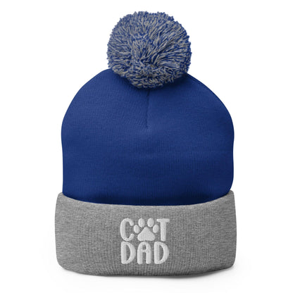 Blue and gray Cat Dad embroidered knit pom pom beanie with cozy beanie pom pom detail