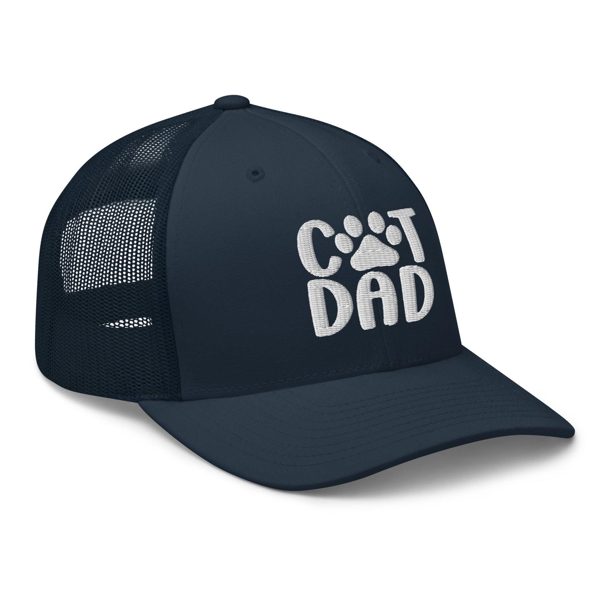 Navy blue Cat Dad embroidered mesh trucker hat with dad embroidered design