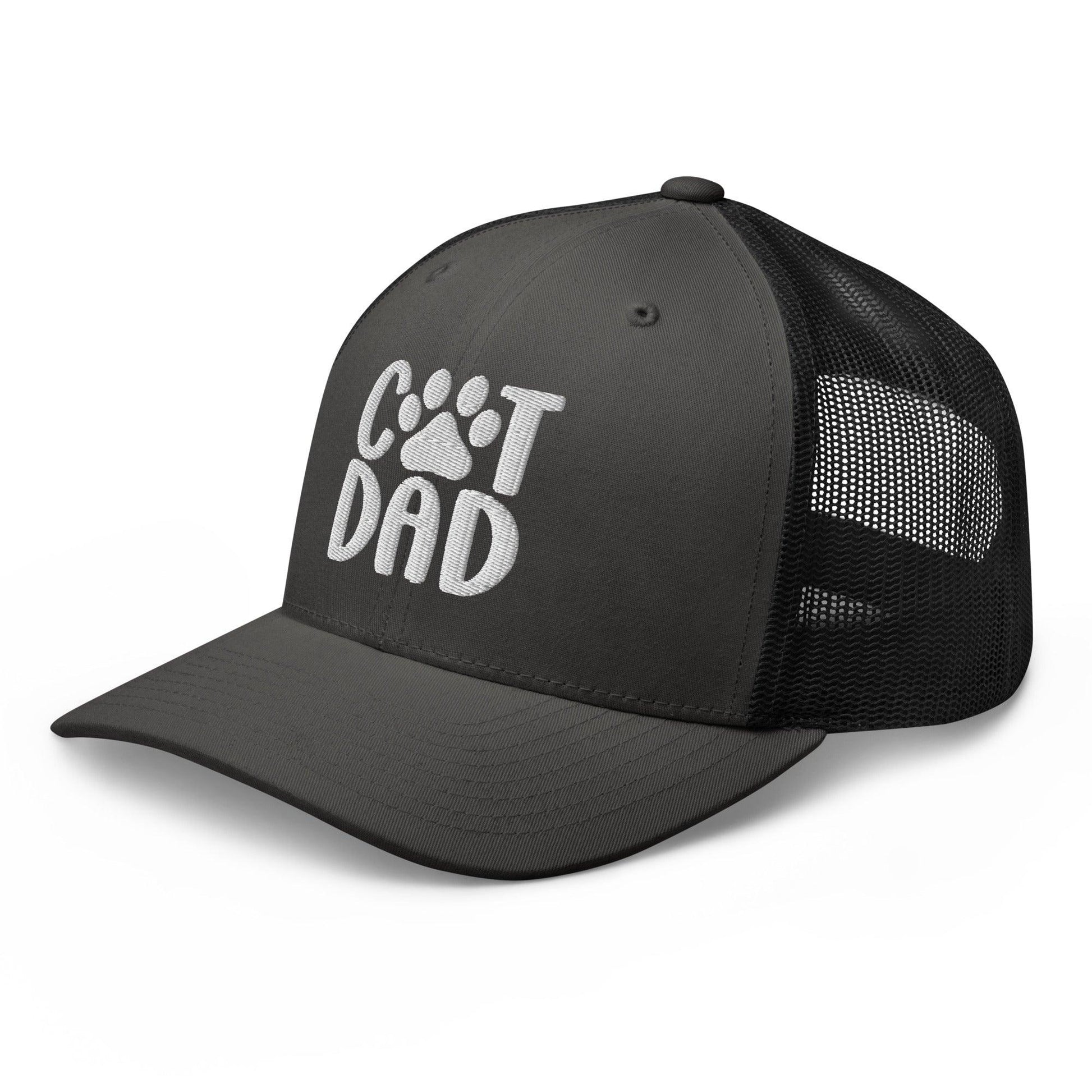 Gray trucker hat with cat dad embroidered design, perfect for dad embroidered mesh fashion