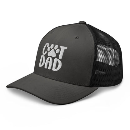 Gray trucker hat with cat dad embroidered design, perfect for dad embroidered mesh fashion