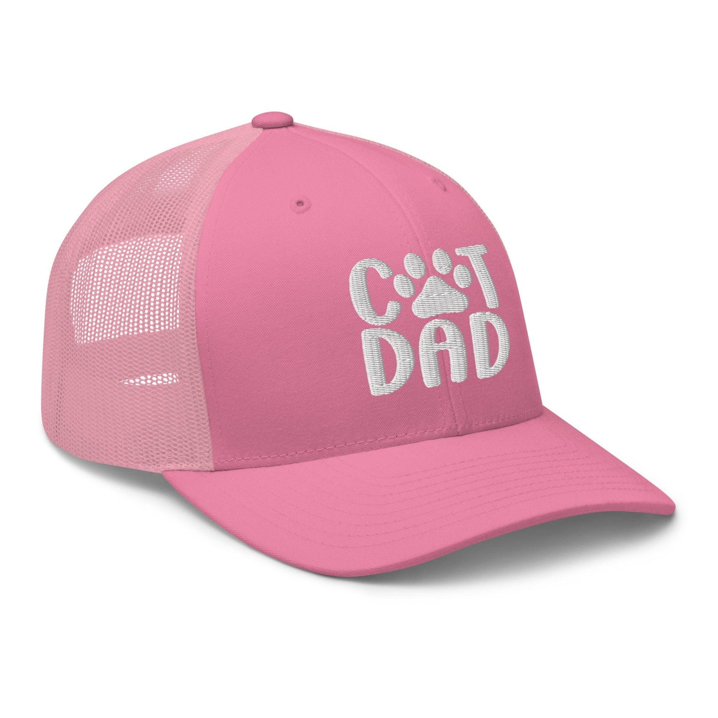 Pink Cat Dad embroidered mesh trucker hat featuring stylish cat dad embroidered design
