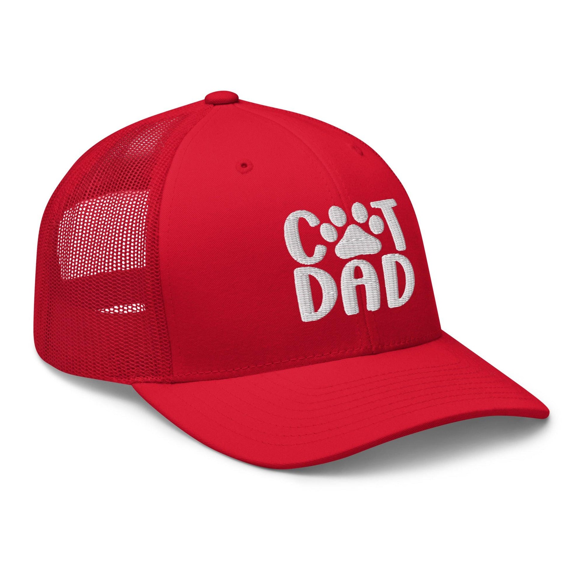 Red Cat Dad embroidered mesh trucker hat for stylish dad and cat lover accessories