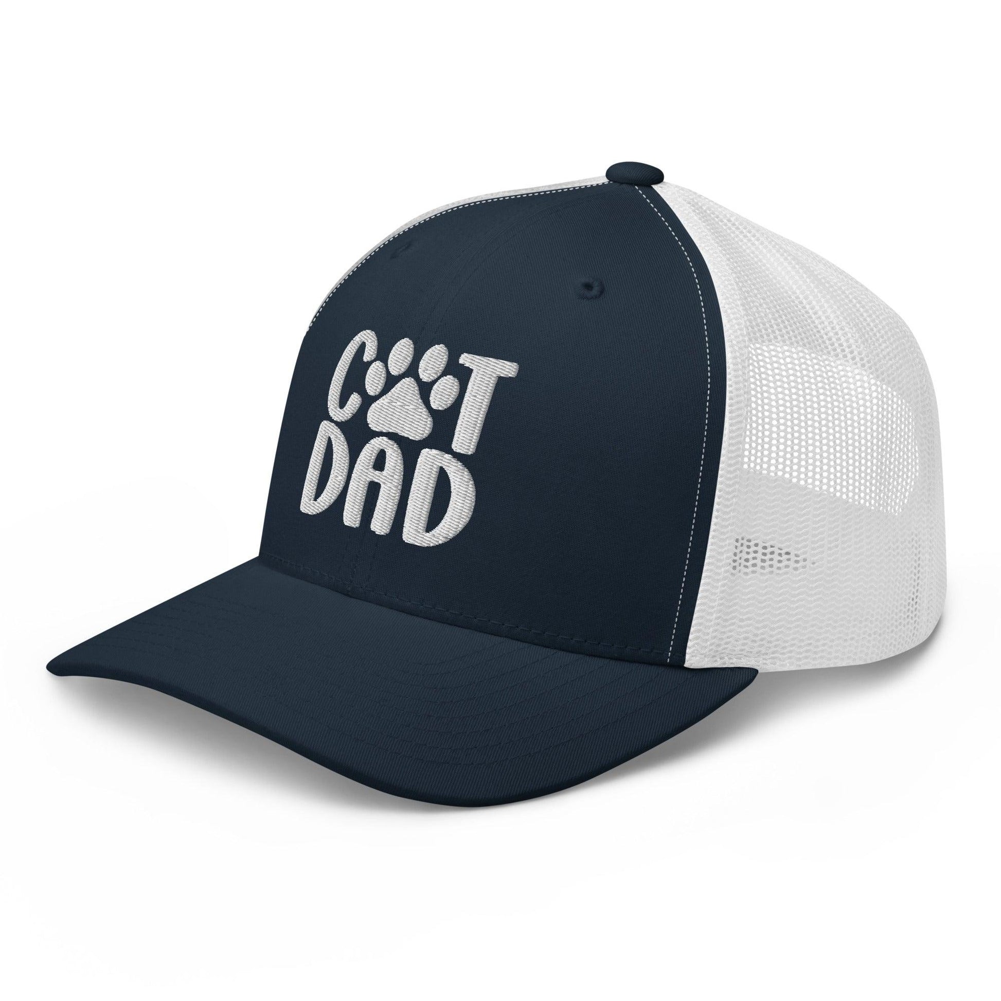 Navy and white Cat Dad embroidered mesh trucker hat for cat dads