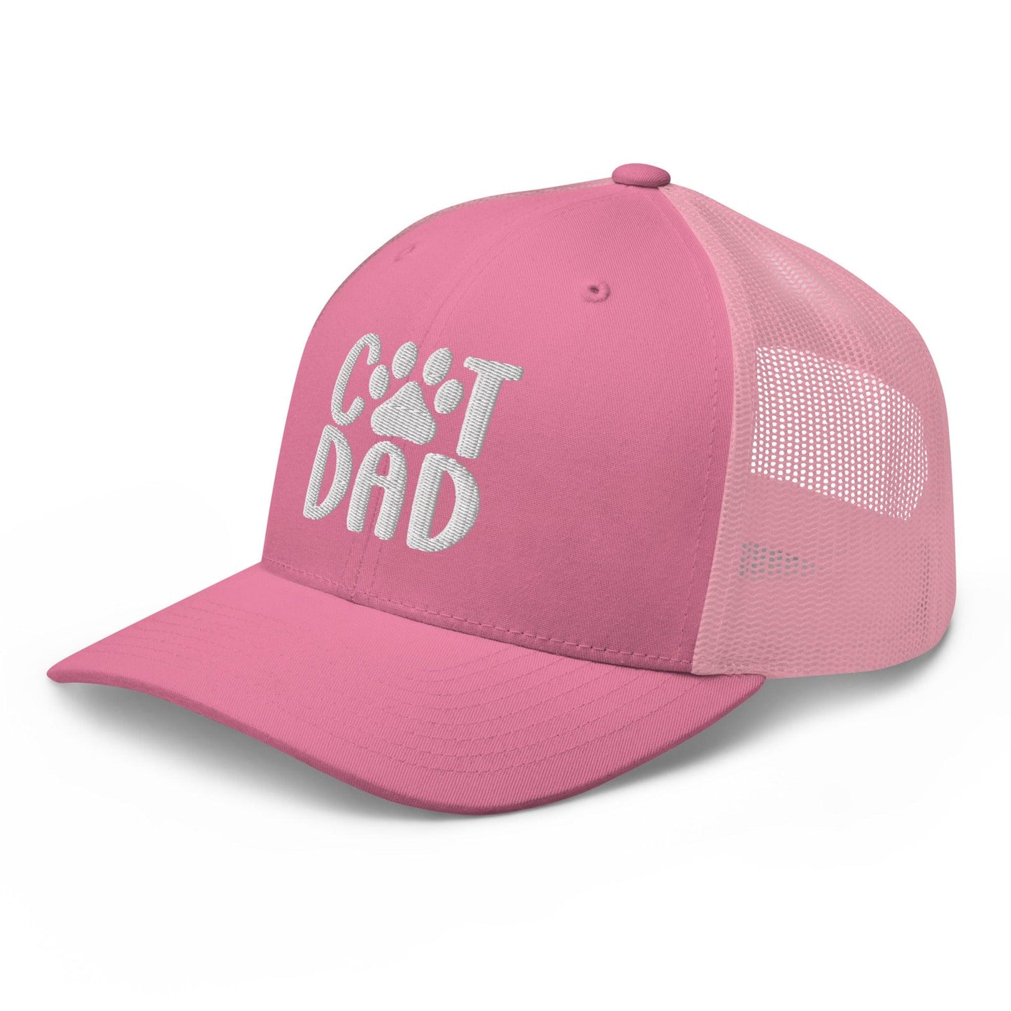 Pink trucker hat with Cat Dad embroidered design on dad embroidered mesh fabric