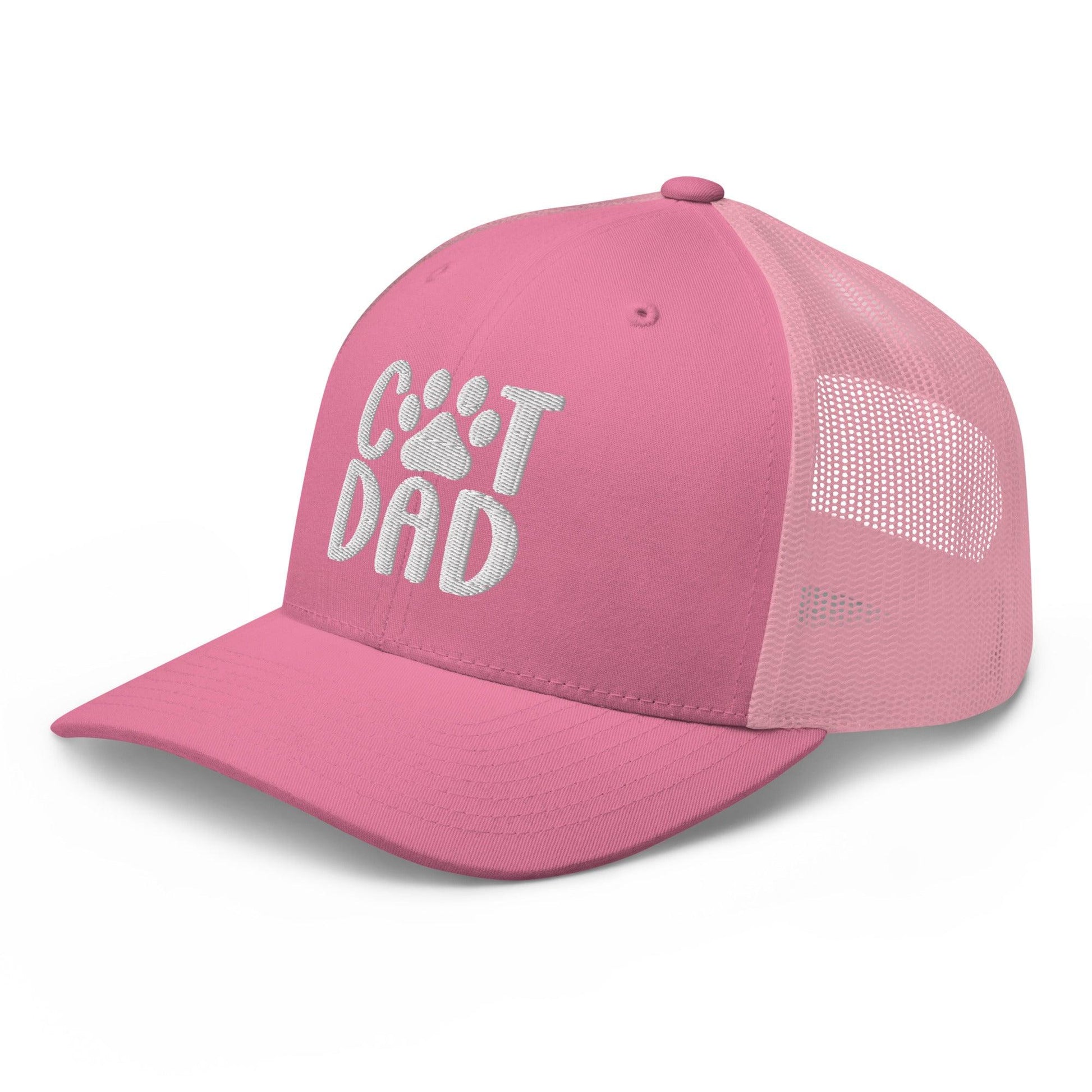 Pink trucker hat with Cat Dad embroidered design on dad embroidered mesh fabric