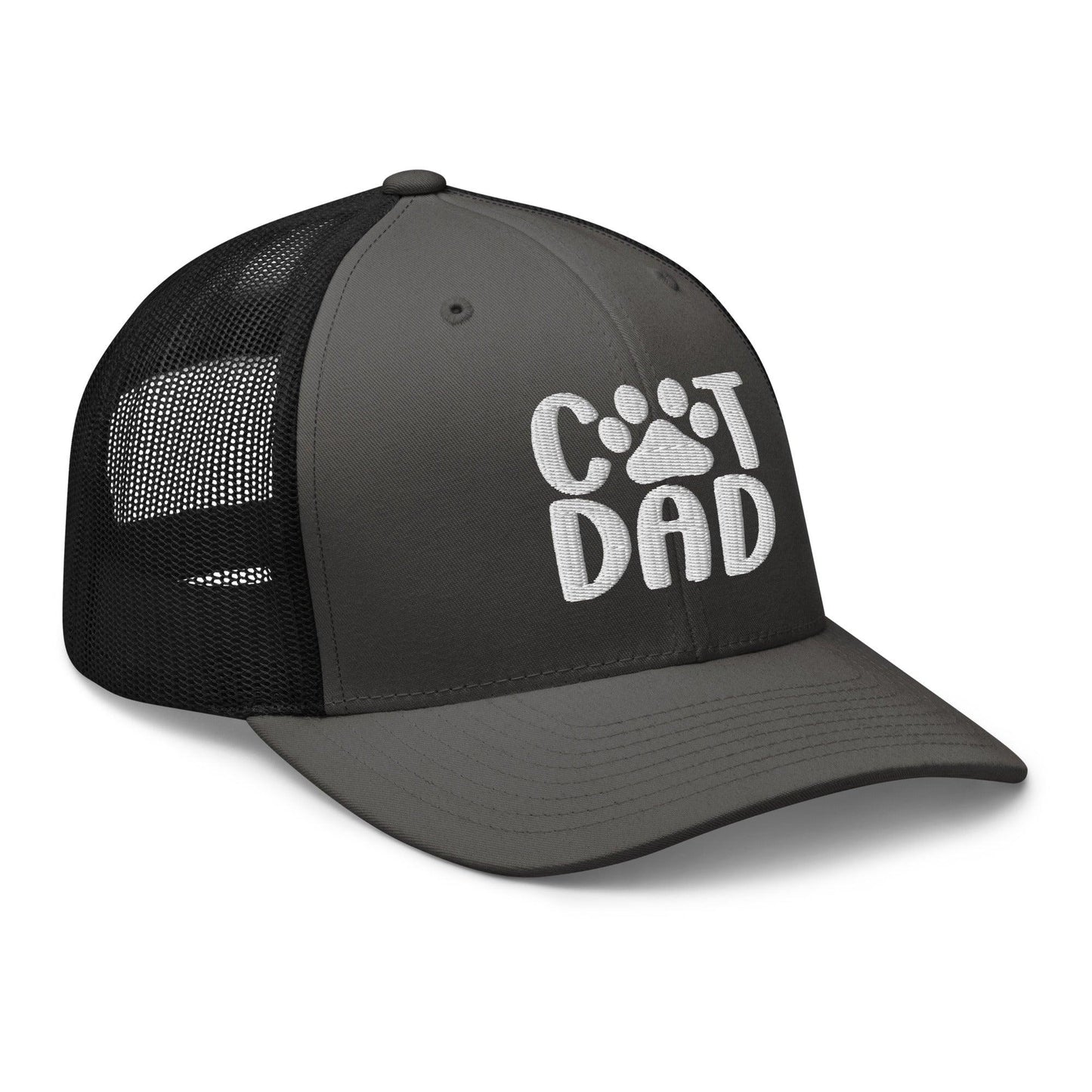 Gray and black Cat Dad embroidered mesh trucker hat displayed in product listing