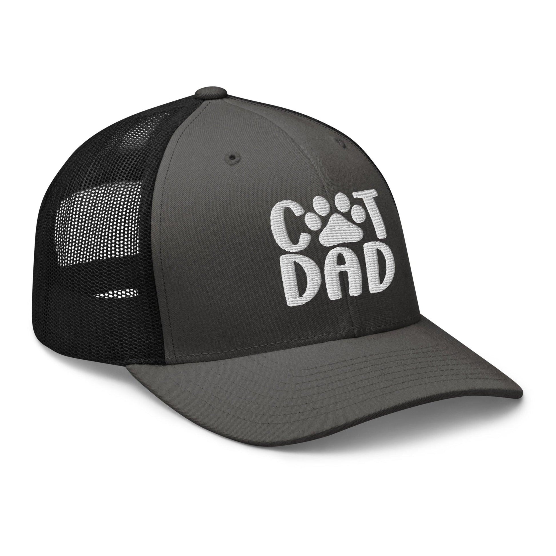 Gray and black Cat Dad embroidered mesh trucker hat displayed in product listing