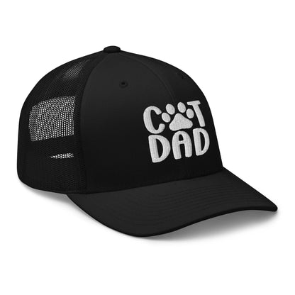 Black trucker hat with cat dad embroidered design on durable embroidered mesh trucker material