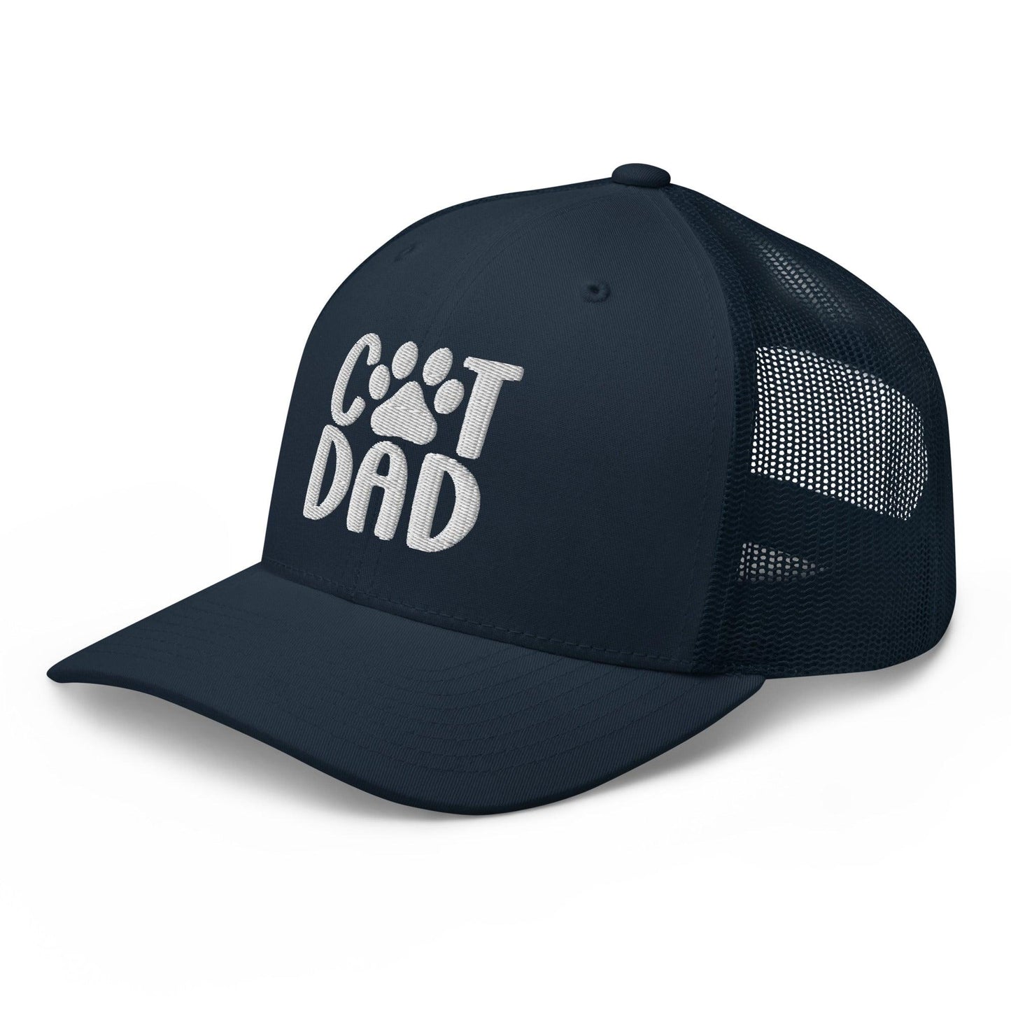 Navy blue Cat Dad embroidered mesh trucker hat displayed in product Cat Dad Embroidered Mesh Trucker Hat