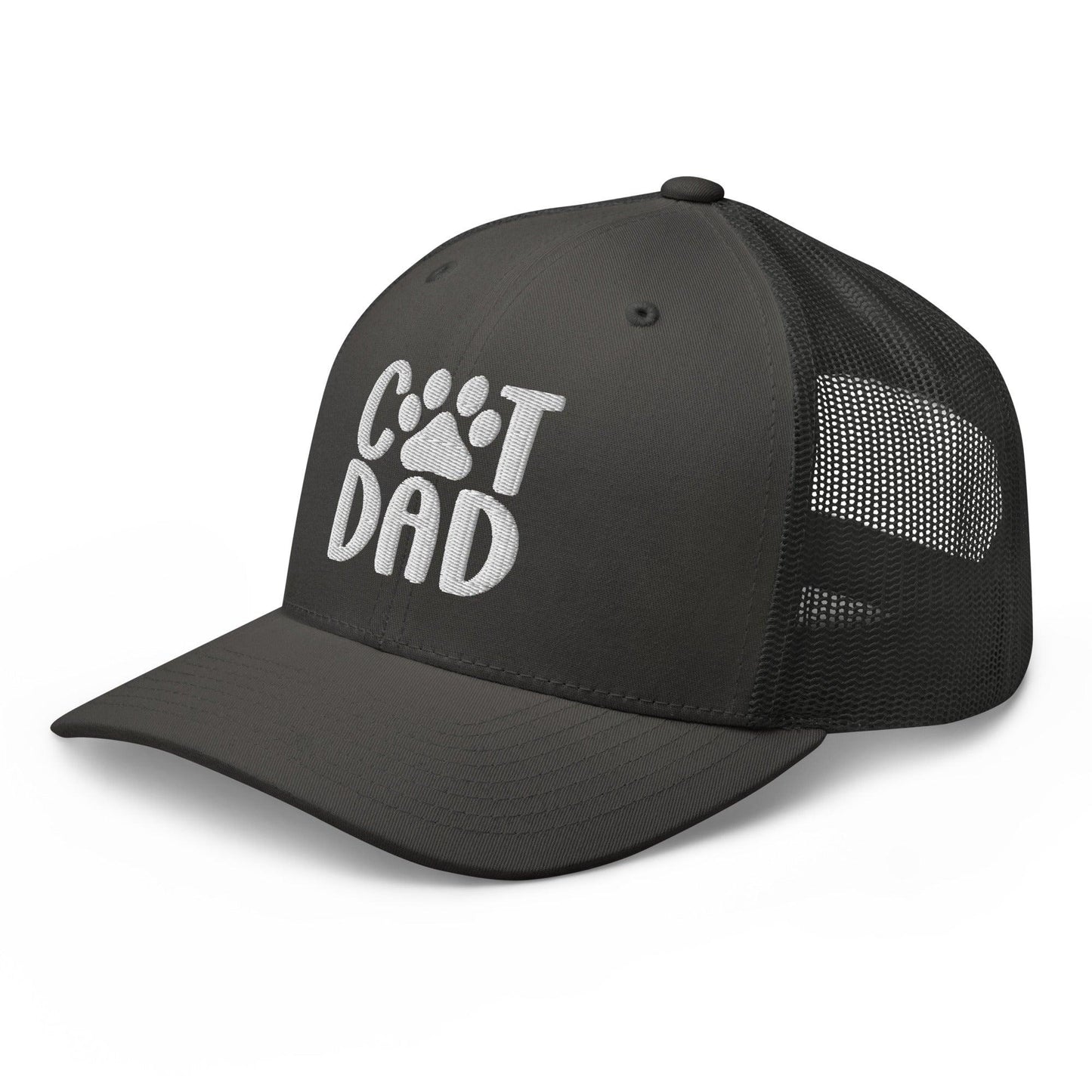 Gray trucker hat with Cat Dad embroidered design, perfect for dad embroidered mesh style