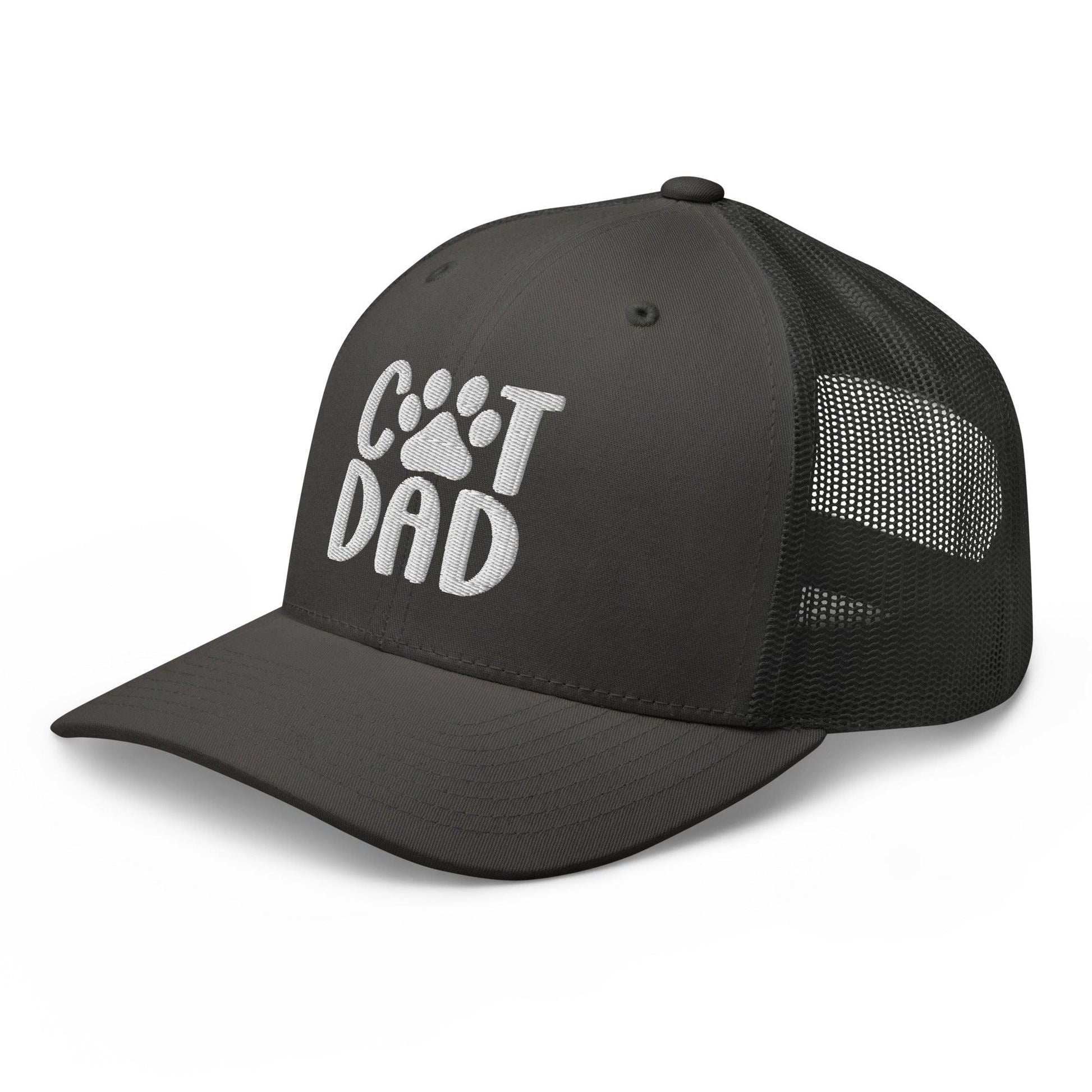 Gray trucker hat with Cat Dad embroidered design, perfect for dad embroidered mesh style
