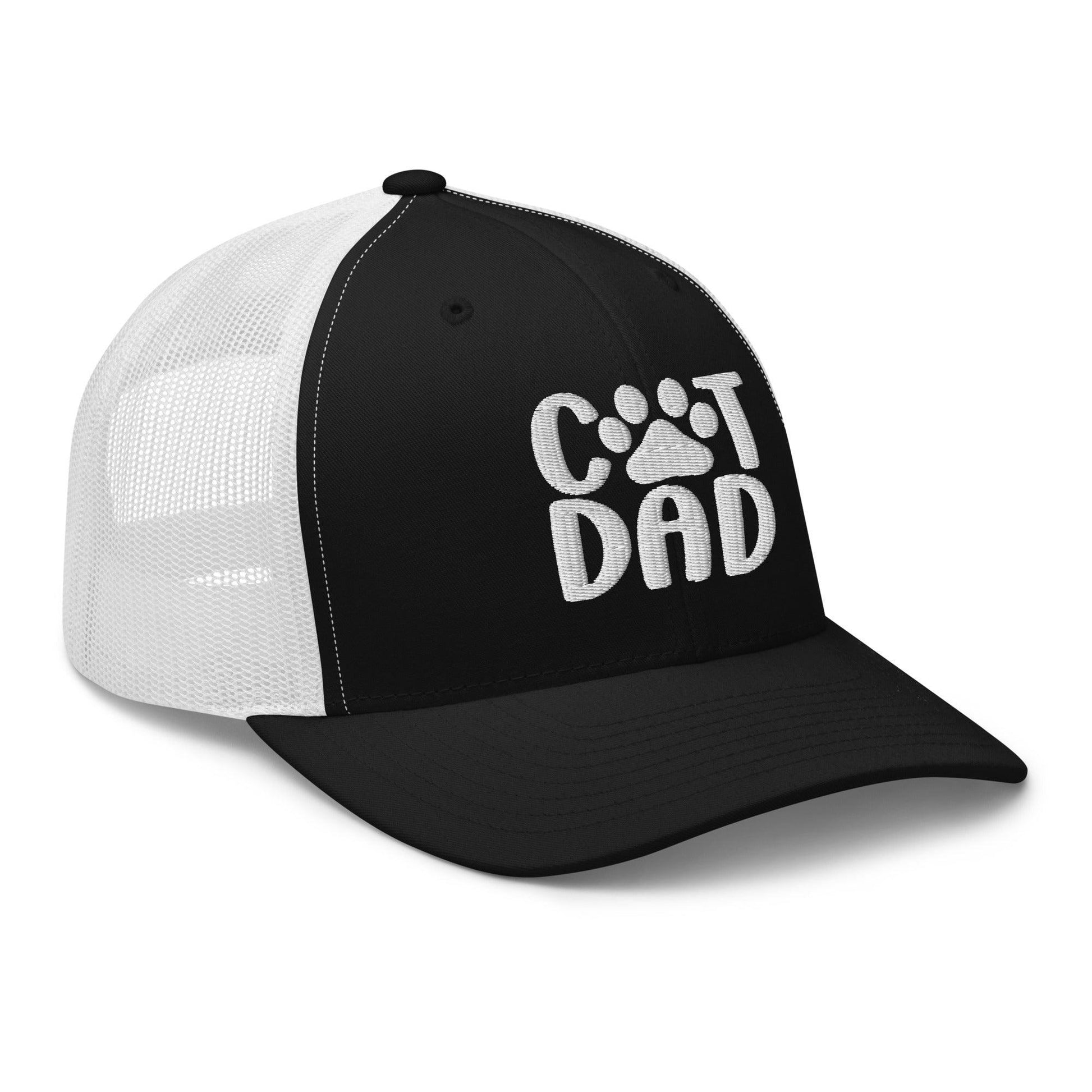 Black and white Cat Dad embroidered mesh trucker hat for Cat Dad fashion style