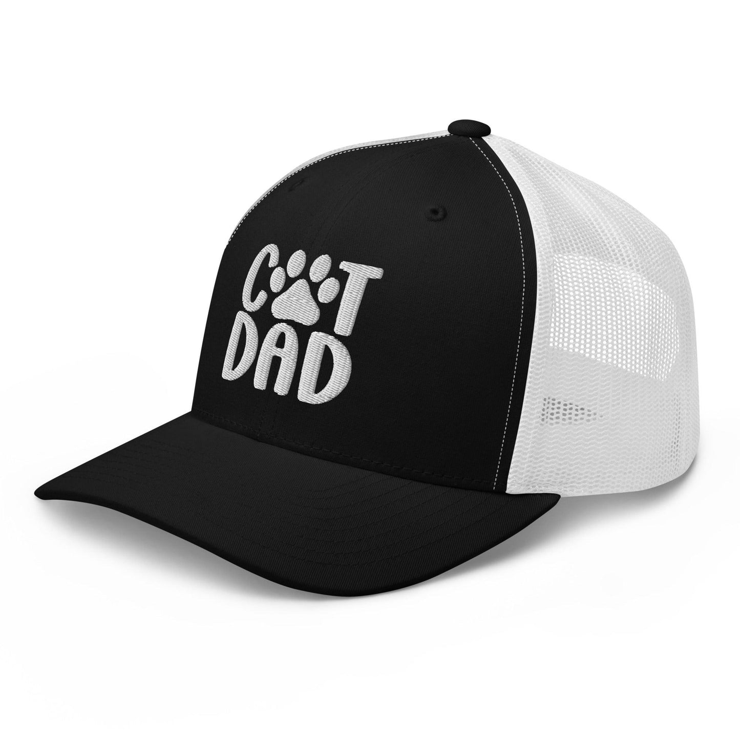 Black and white Cat Dad embroidered mesh trucker hat displayed for stylish pet lovers