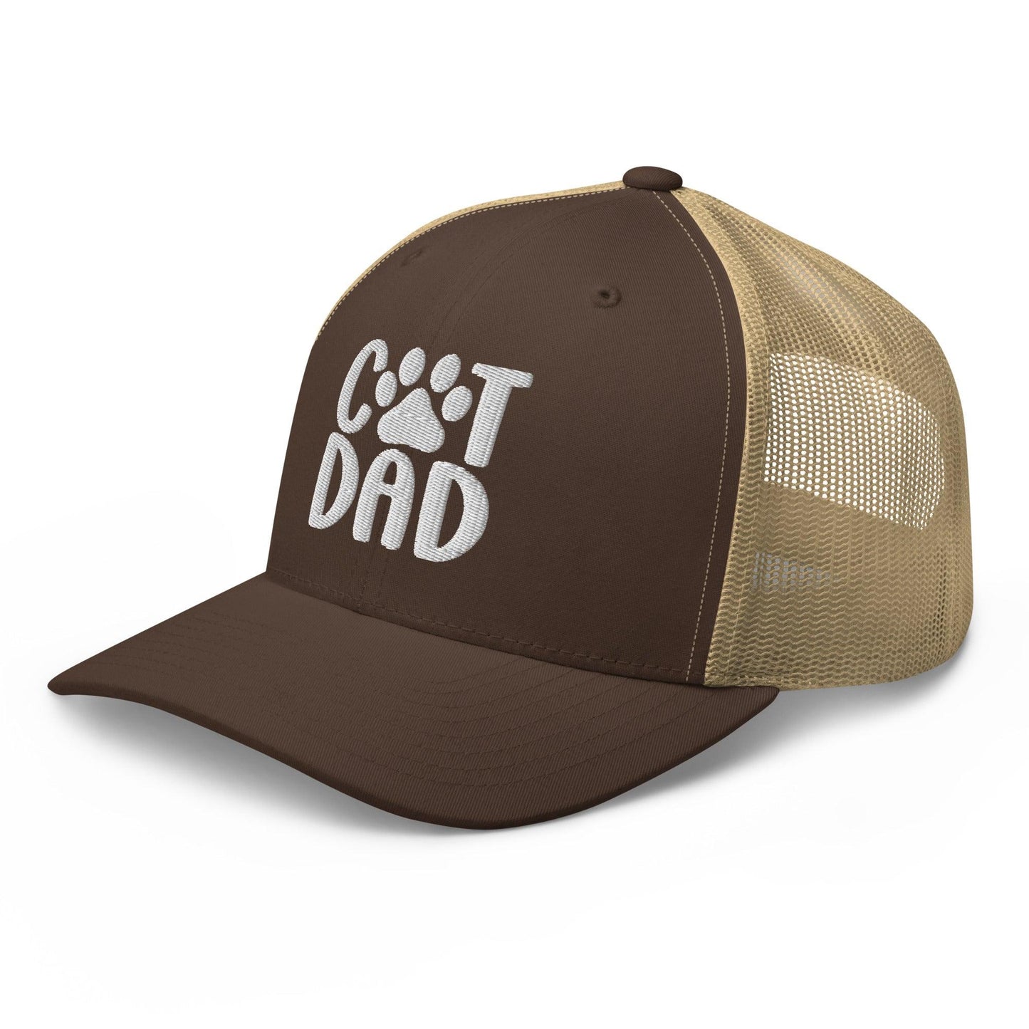 Brown and tan Cat Dad embroidered mesh trucker hat for stylish pet owners