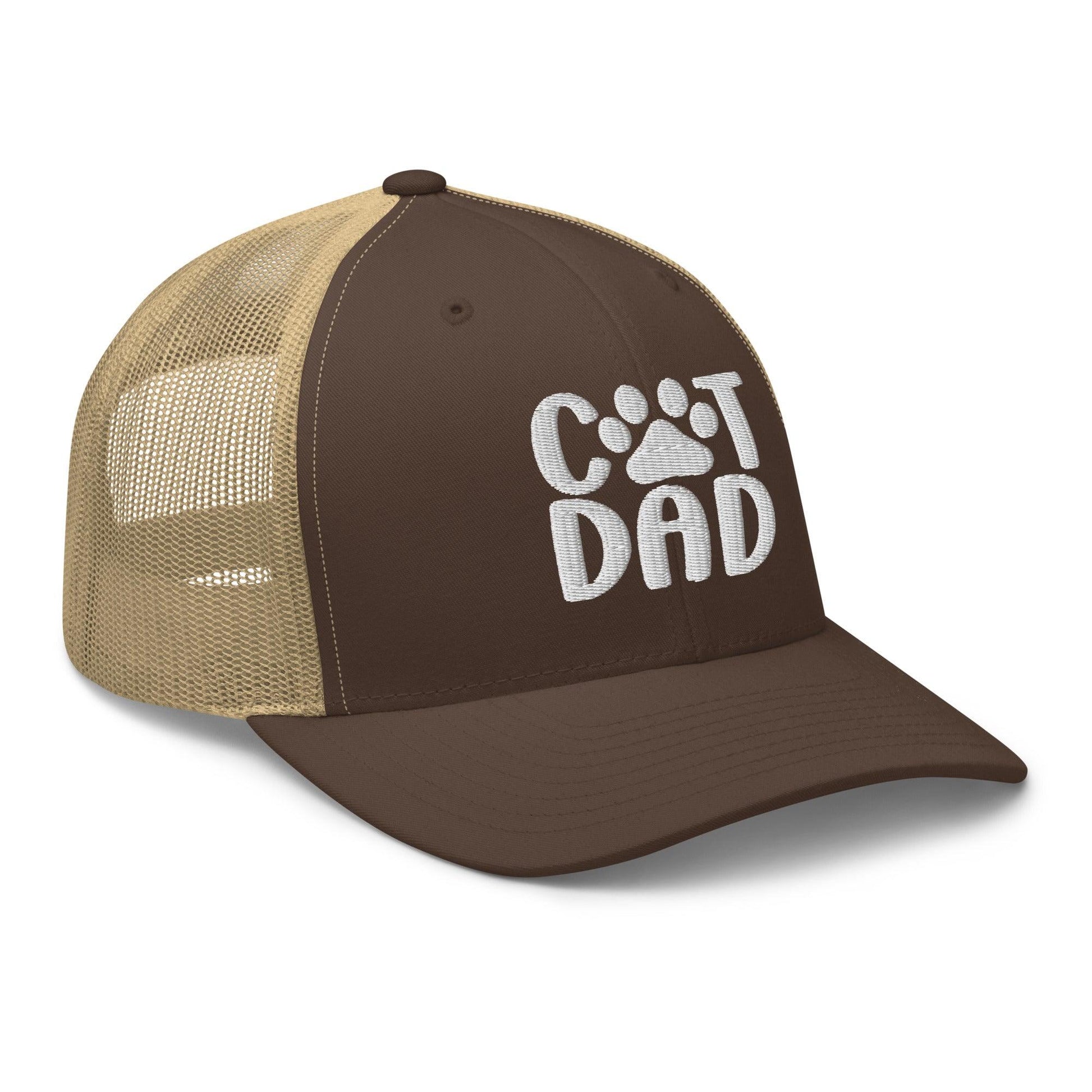 Brown and tan Cat Dad embroidered mesh trucker hat for cat lovers