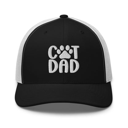 Black and white Cat Dad embroidered mesh trucker hat for stylish pet dad fashion