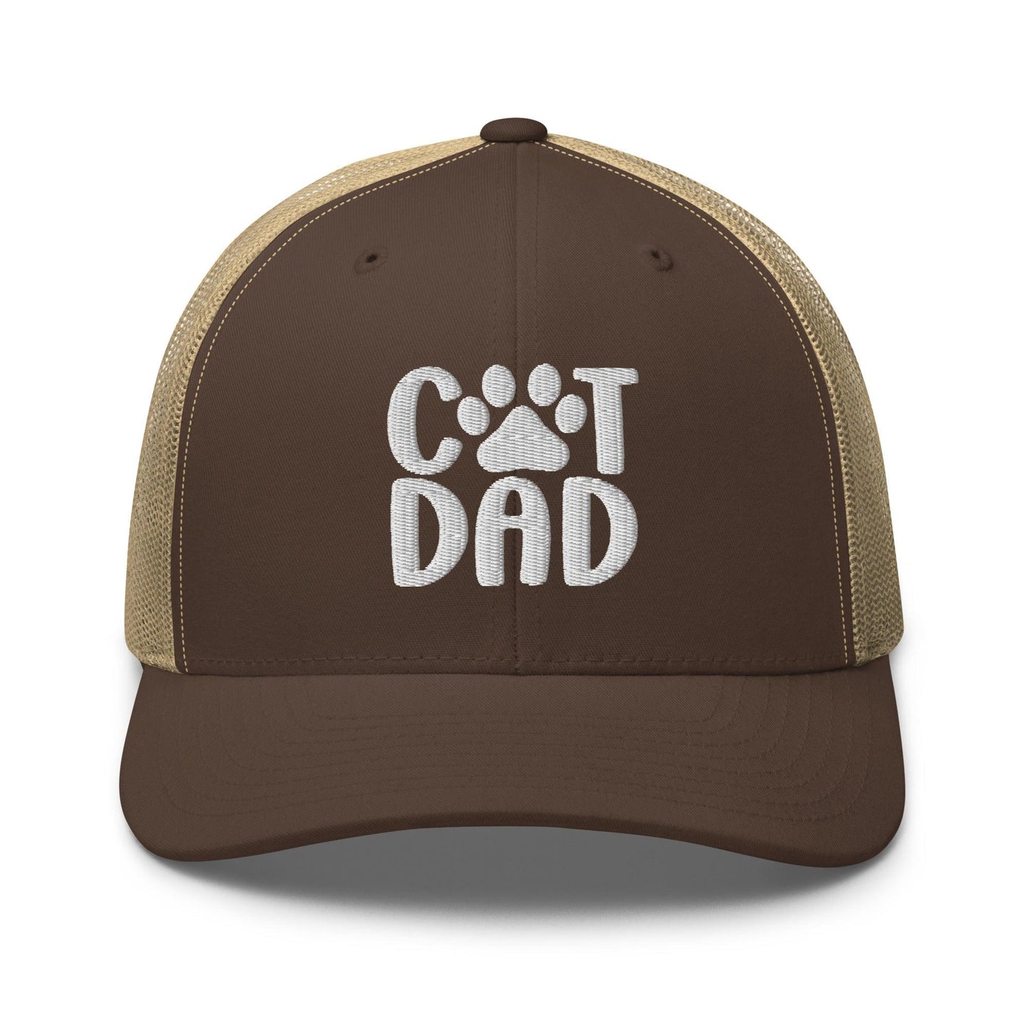 Brown Cat Dad Embroidered Mesh Trucker Hat displayed in product listing