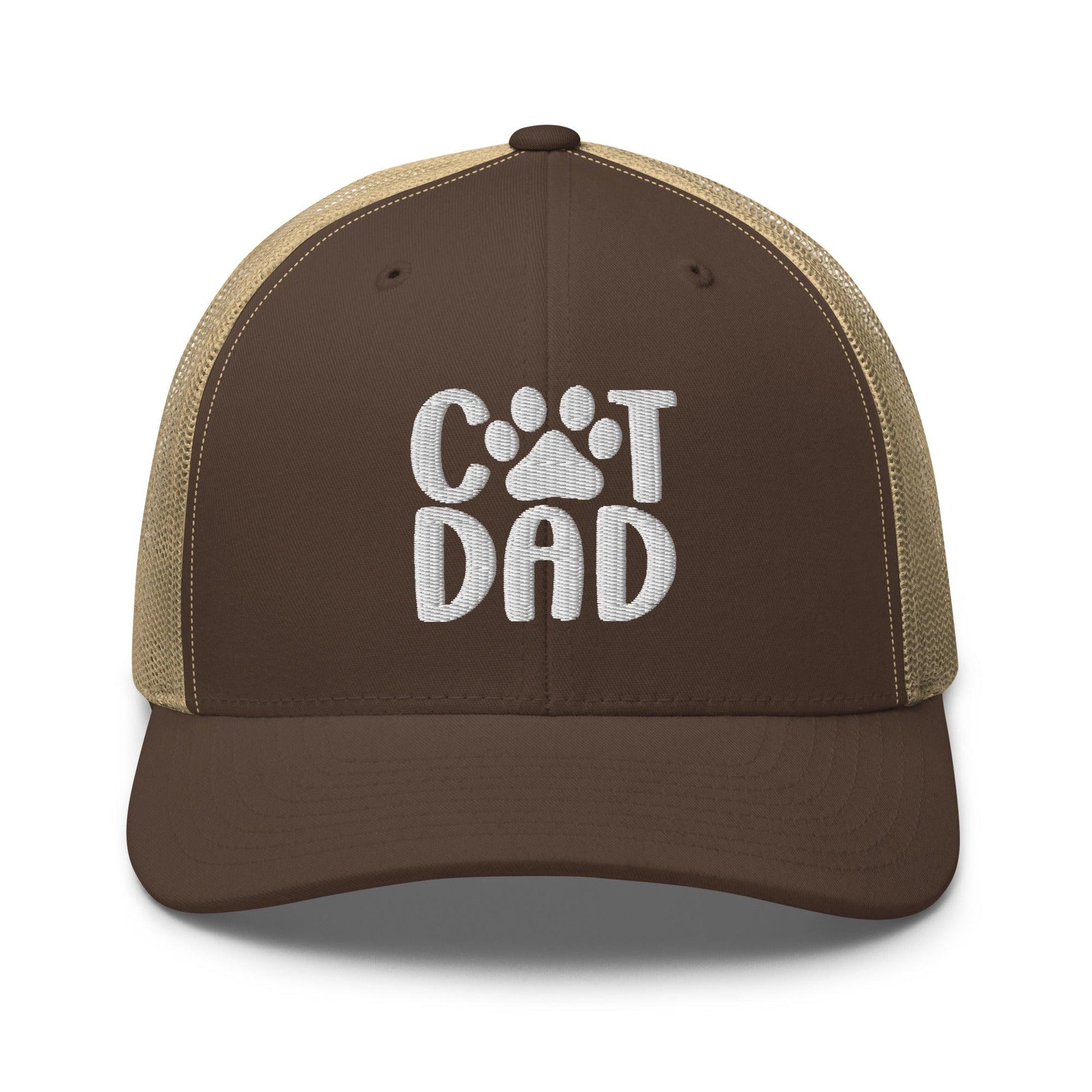 Brown Cat Dad Embroidered Mesh Trucker Hat displayed in product listing