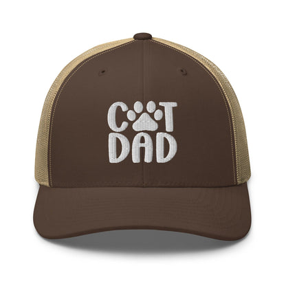 Brown Cat Dad Embroidered Mesh Trucker Hat displayed in product listing