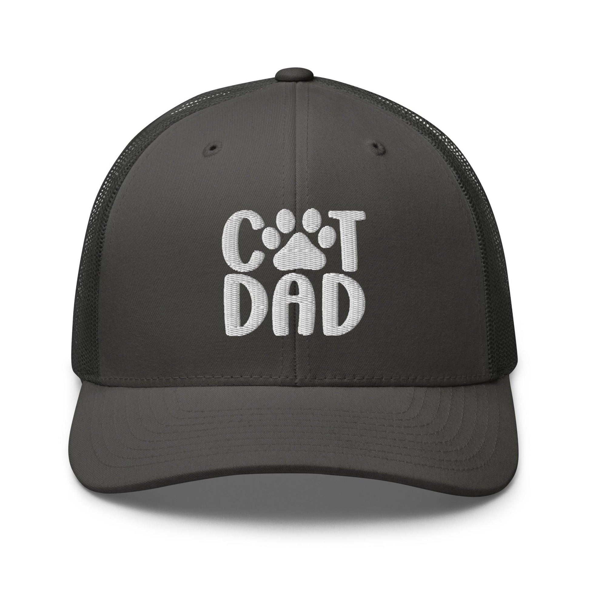 Gray trucker hat with Cat Dad embroidered design, ideal dad embroidered mesh accessory