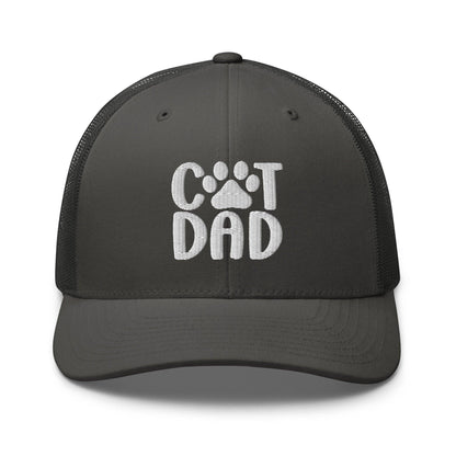 Gray trucker hat with Cat Dad embroidered design, ideal dad embroidered mesh accessory