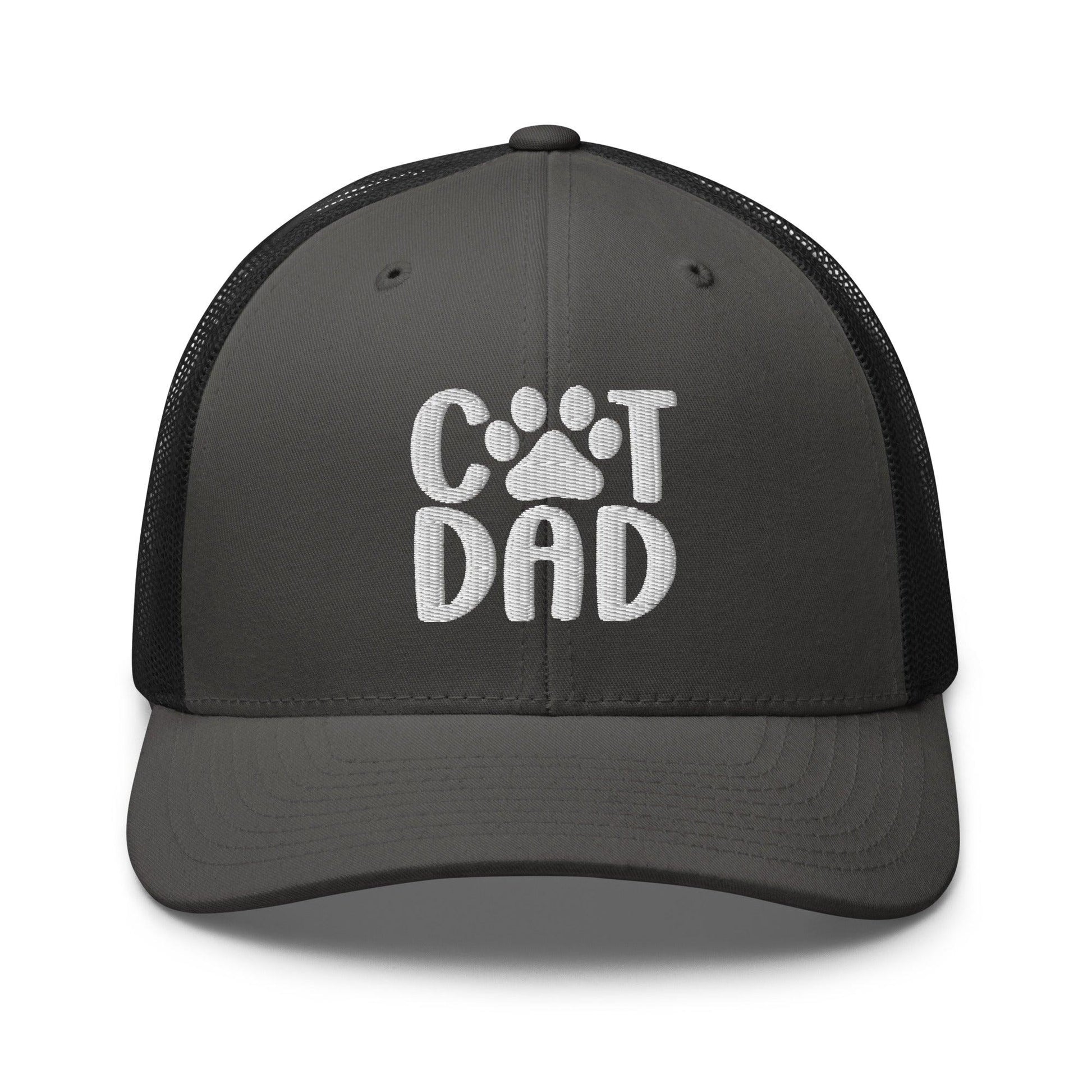 Gray trucker hat with Cat Dad embroidered design, perfect for dad embroidered mesh fashion