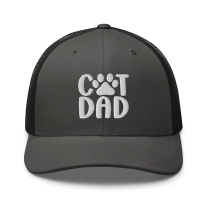 Gray trucker hat with Cat Dad embroidered design, perfect for dad embroidered mesh fashion