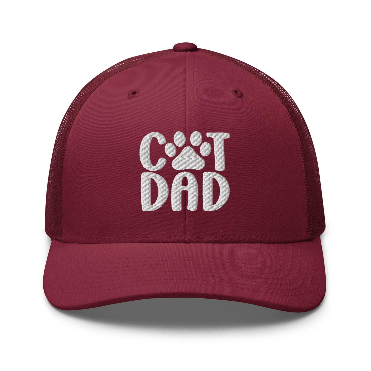 Maroon cat dad embroidered mesh trucker hat with dad embroidered mesh detailing
