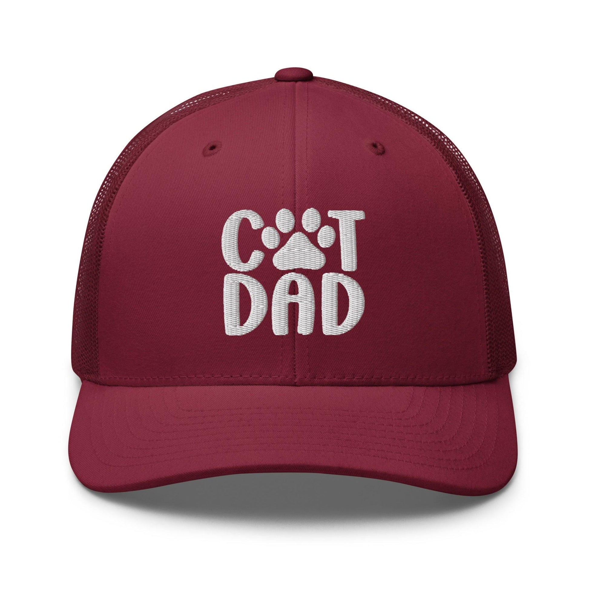 Maroon cat dad embroidered mesh trucker hat with dad embroidered mesh detailing