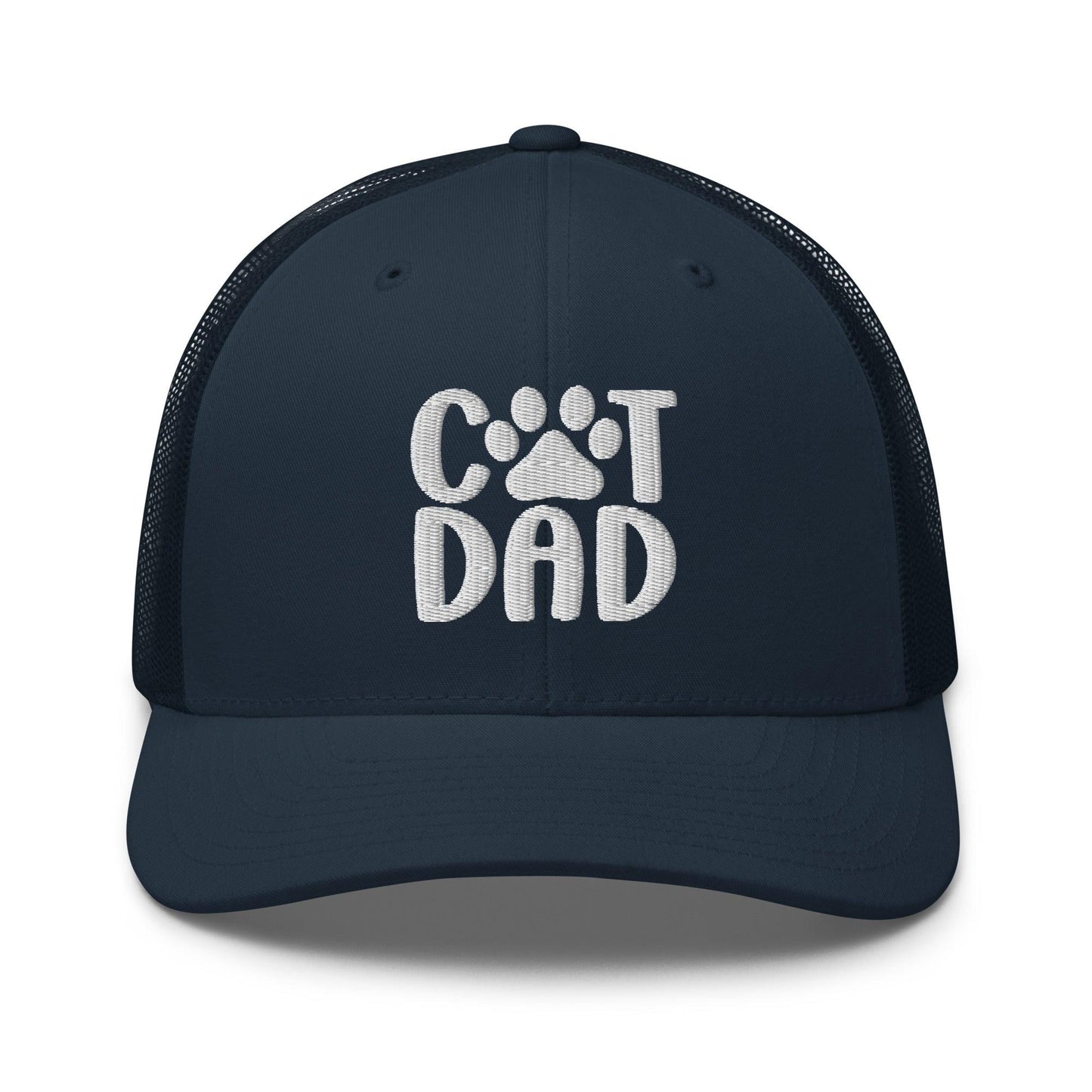 Navy blue Cat Dad embroidered mesh trucker hat with dad embroidered design