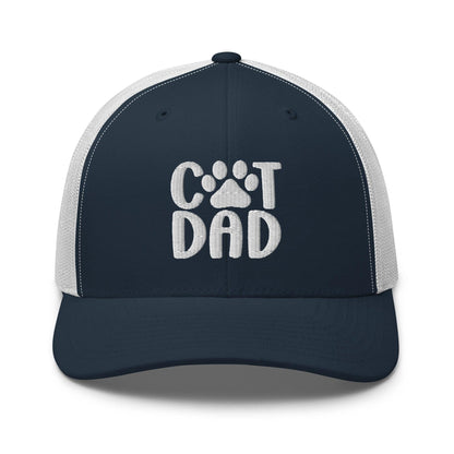 Navy and white Cat Dad embroidered mesh trucker hat with stylish design